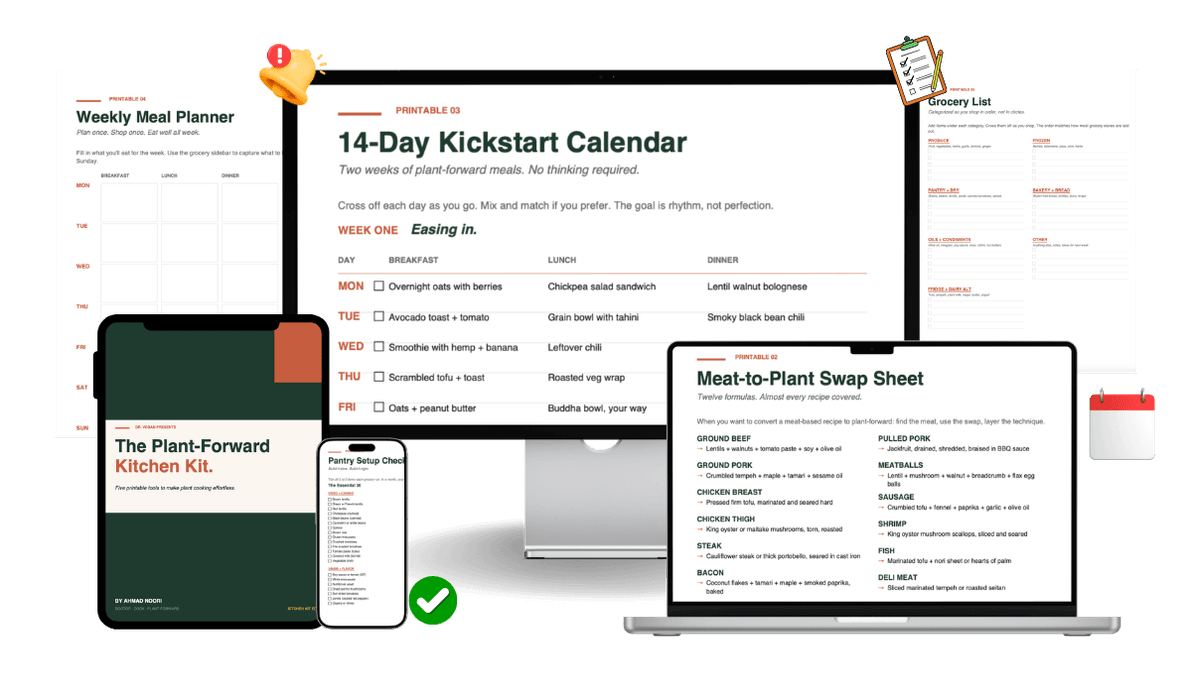The five printable resources in the Dr. Vegan Kitchen Kit
