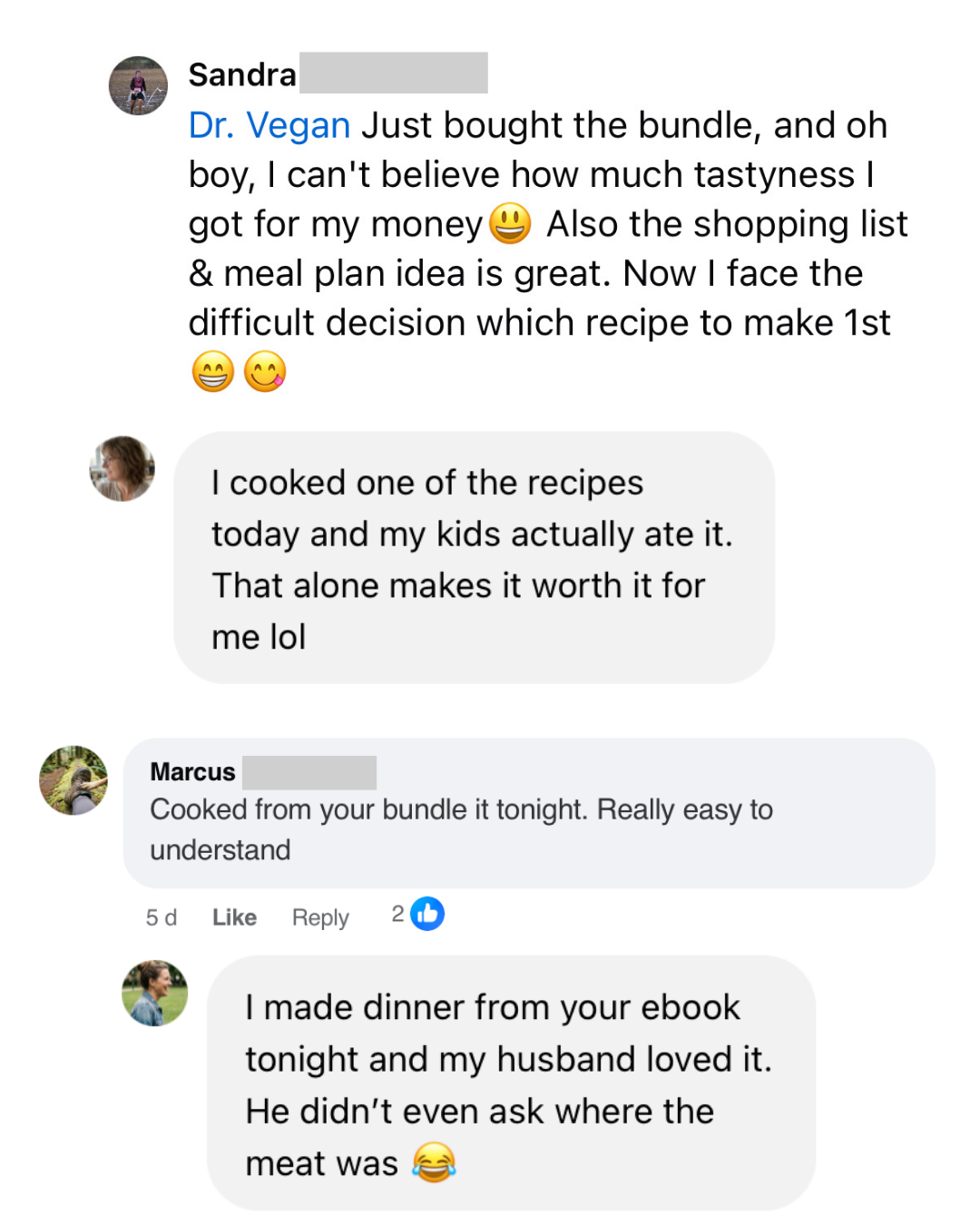 Four original reader screenshots: Sandra shares her excitement about the bundle; a reader says her children ate a recipe; Marcus found it easy to understand; another reader says her husband loved his dinner and did not ask where the meat was.
