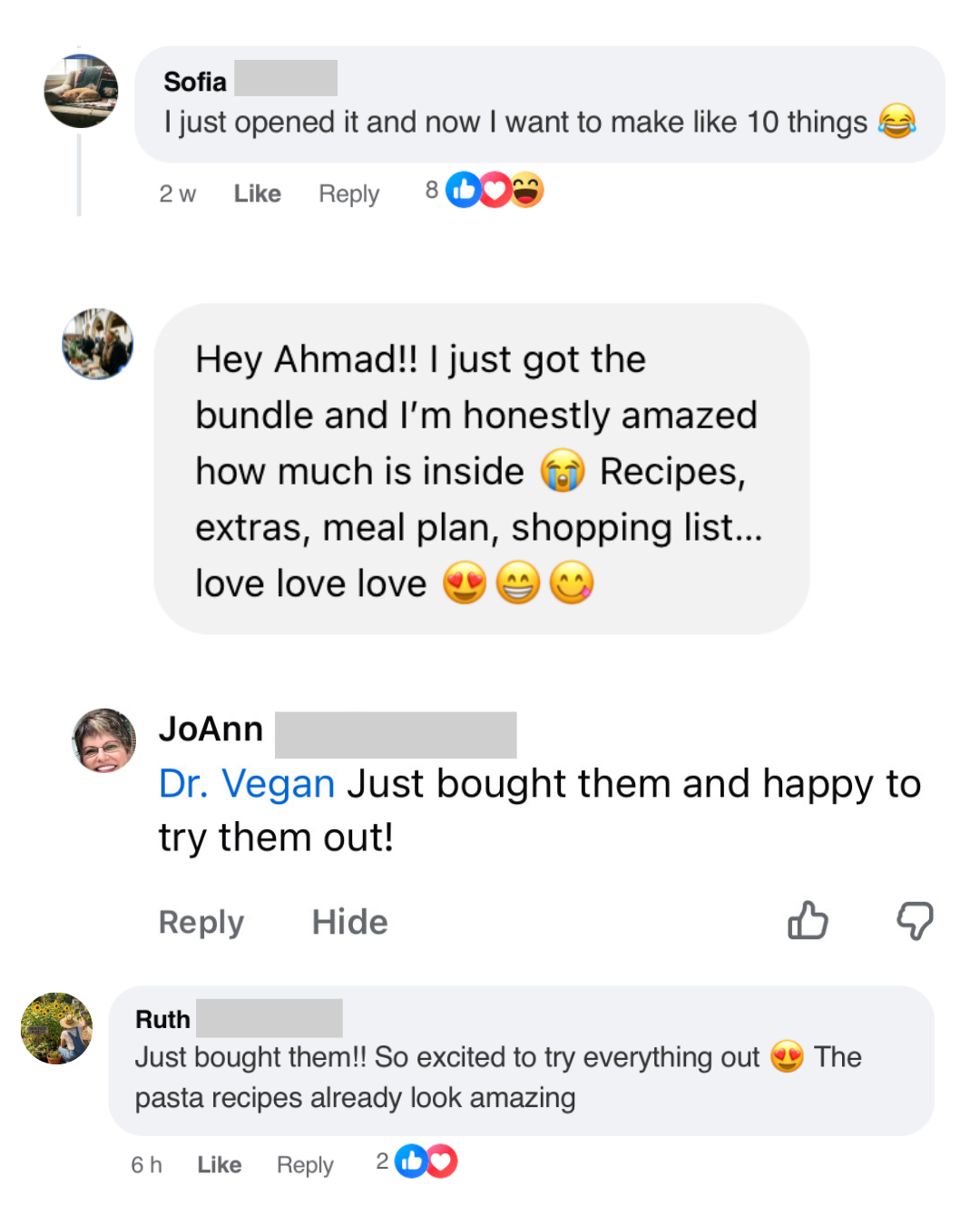 Four more original reader screenshots: Sofia wants to make ten things after opening the bundle; a reader is delighted by the recipes and extras; JoAnn is happy to try the books; Ruth is excited to cook and says the pasta recipes look amazing.